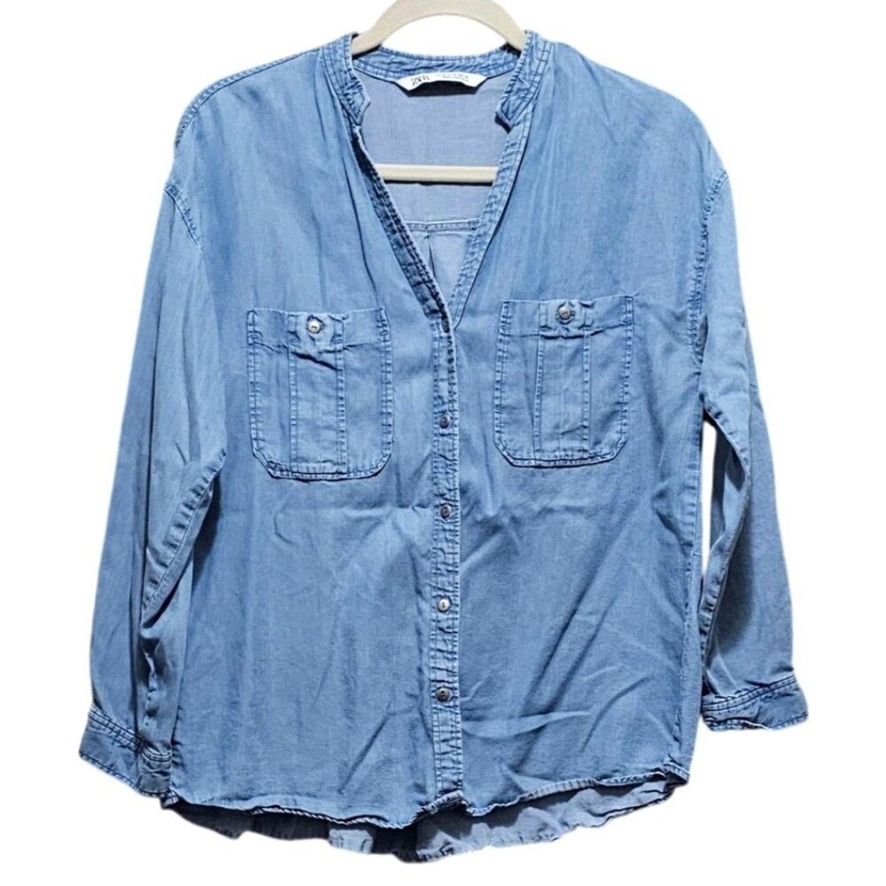 Zara Womens Chambray Button-Front Shirt M Blue Long Sleeve Casual - Picture 2 of 9